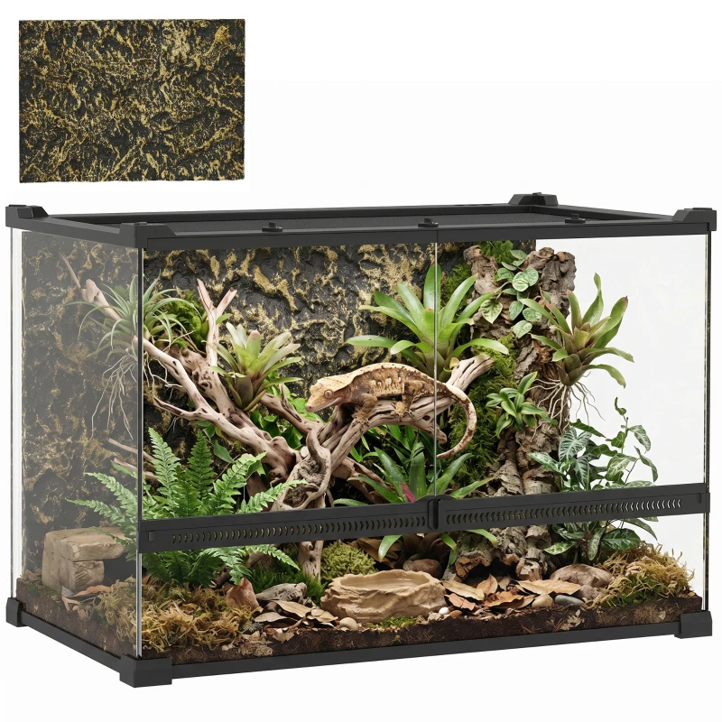 PawHut Terrarium für Reptilien Glasterrarium 48L mit Frontbelüftung Steinrückwand Drehverschluss 50 x 30 x 35 cm Schwarz