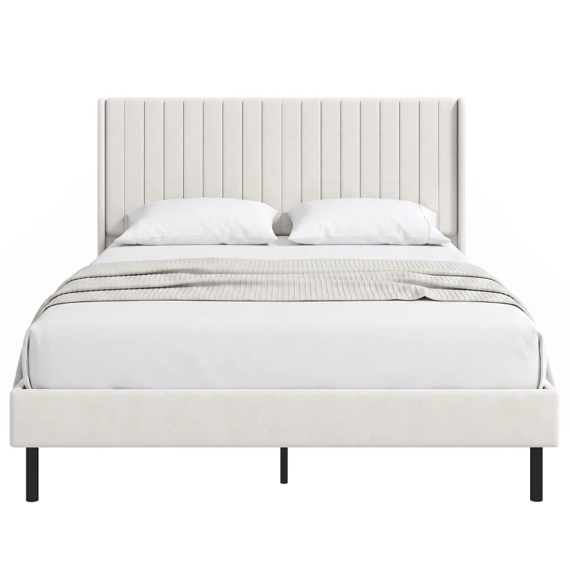 HOMCOM Bettgestell 140 x 200 cm mit verstellbarem Kopfteil, Polsterbett mit 12 Latten, Beige