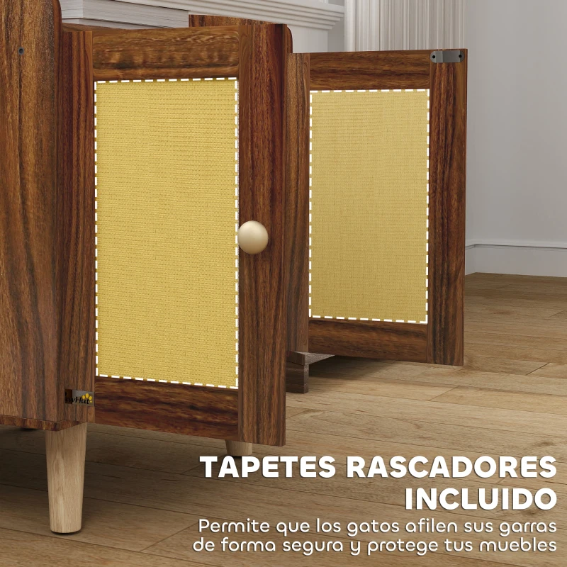 PawHut Mueble Arenero para Gatos Mesa Auxiliar con Puertas con Esteras de Sisal para Salón Dormitorio 55x43x59,6 cm Marrón