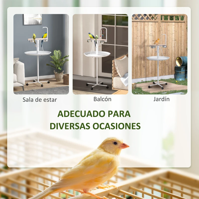 PawHut Comedero para Pájaros de Pie Ø60x138 cm con 4 Ruedas 2 Cuenco de Acero Inoxidable y 2 Perchas Blanco