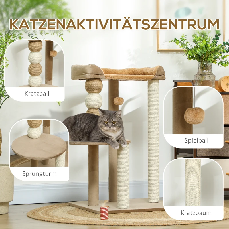 PawHut Krabpaal met 2 niveaus, speelbal, krabpalen, krabballen, geschikt tot 7 kg, 56 x 54 x 86 cm, Bruin