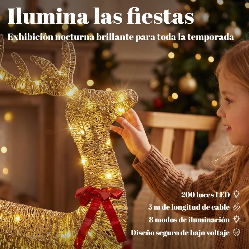 Outsunny Reno de Navidad Exterior con Trineo 3D de 3 Piezas con 200 Luces LED Blanco Cálido 8 Modos y Temporizador