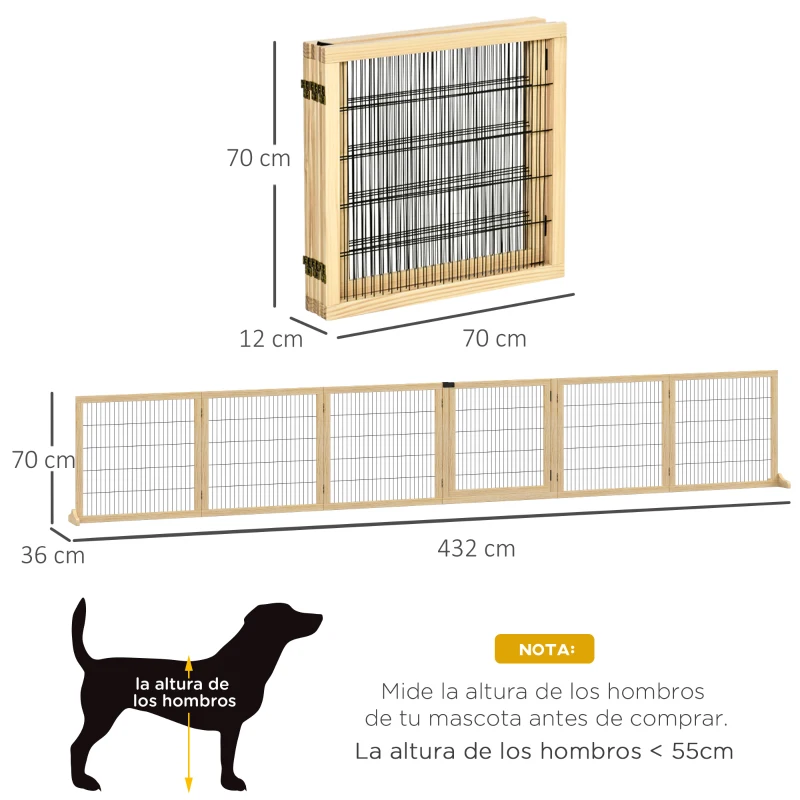 PawHut Barrera de Seguridad para Perros Plegable de Madera para Escaleras y Puertas con Soporte de Pie 432x36x70 cm Natural
