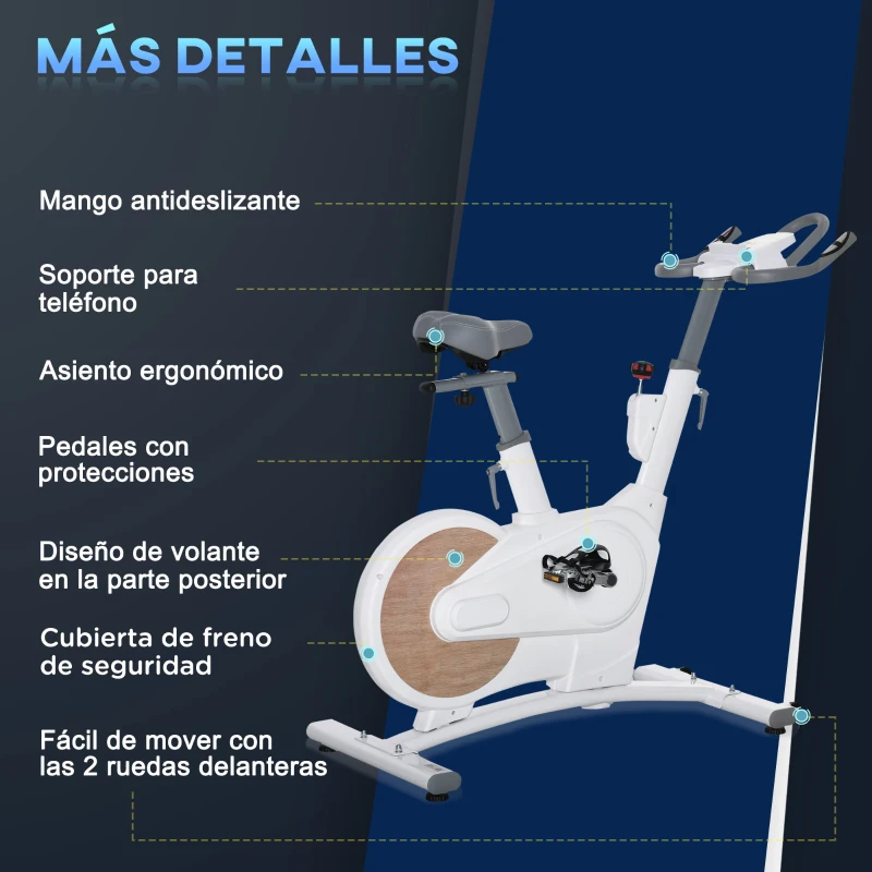 HOMCOM Bicicleta Estática Bicicleta de Fitness Ciclo Indoor con Asiento y Manillar Ajustables en Altura Resistencia 8 kg Variable Pantalla LCD Pulsómetro y Ruedas para Hogar 125x50x98-107 cm Blanco