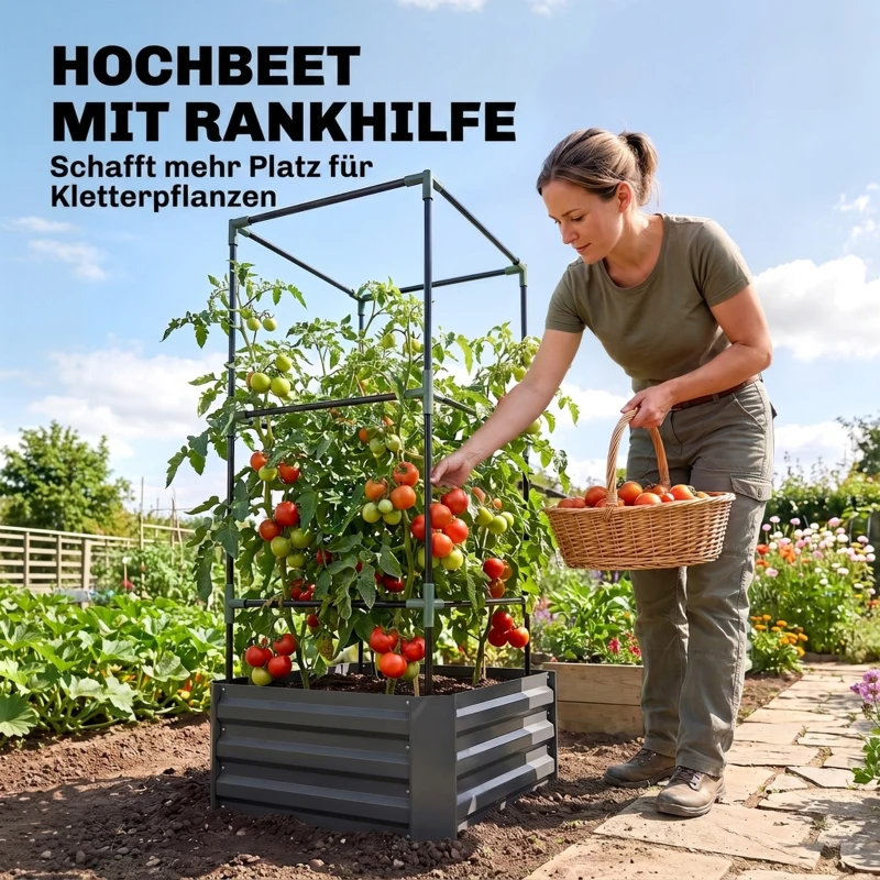 Outsunny Hoogbed met klimrek Plantenbak met klimsteun, open bodem, weerbestendig, 61 cm x 61 cm x 140 cm, Donkergrijs