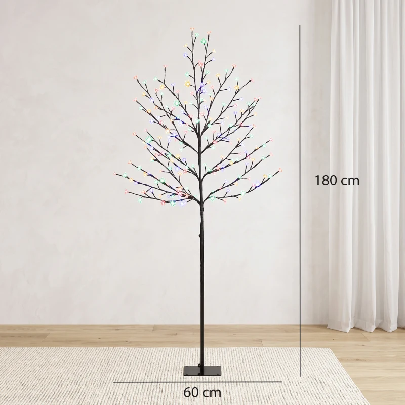 HOMCOM Árvore de Natal de Cerejeira Altura 180 cm com Luzes LED, 20 Ramos, Temporizador Diário, para Interiores e Exteriores, Preto