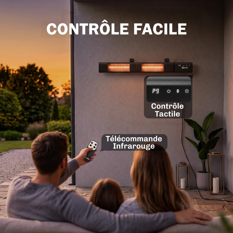 Outsunny Radiateur Infrarouge 3000W Mural IP65, Télécommande, Écran LED, Minuterie, 9 Niveaux, 102,4 x 10 x 5,5 cm, Noir
