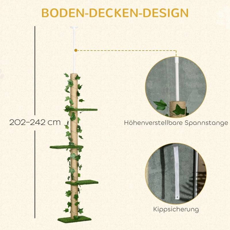 PawHut In Hoogte Verstelbare Krabpaal 202-242 cm, Antislip, Jutetouw-Palen, Spaanplaat, Groen/Geel