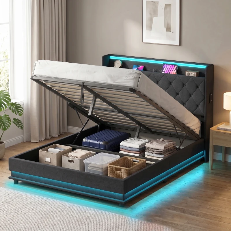 HOMCOM 4ft6 Double Bed Frame with Headboard, Platform Bed Frame with Hydraulic Storage, LED Lights and Charging Station, Black