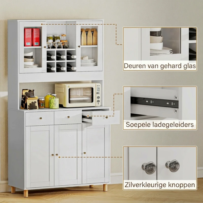 HOMCOM 180 cm keukenkast, 2 glazen deuren, 3 lades, 4 verstelbare planken, eetkamerkast, spaanplaat, Wit(m-8)