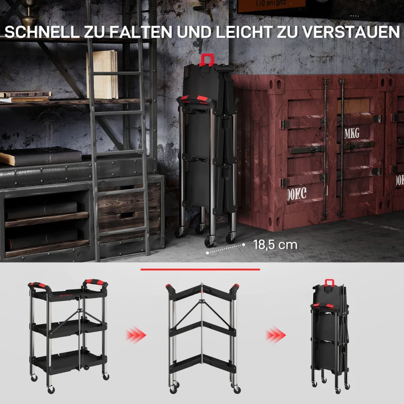 HOMCOM Gereedschapstrolley, Opvouwbare 3-Laagse Gereedschapswagen, Kunststof, Staal, Zwart