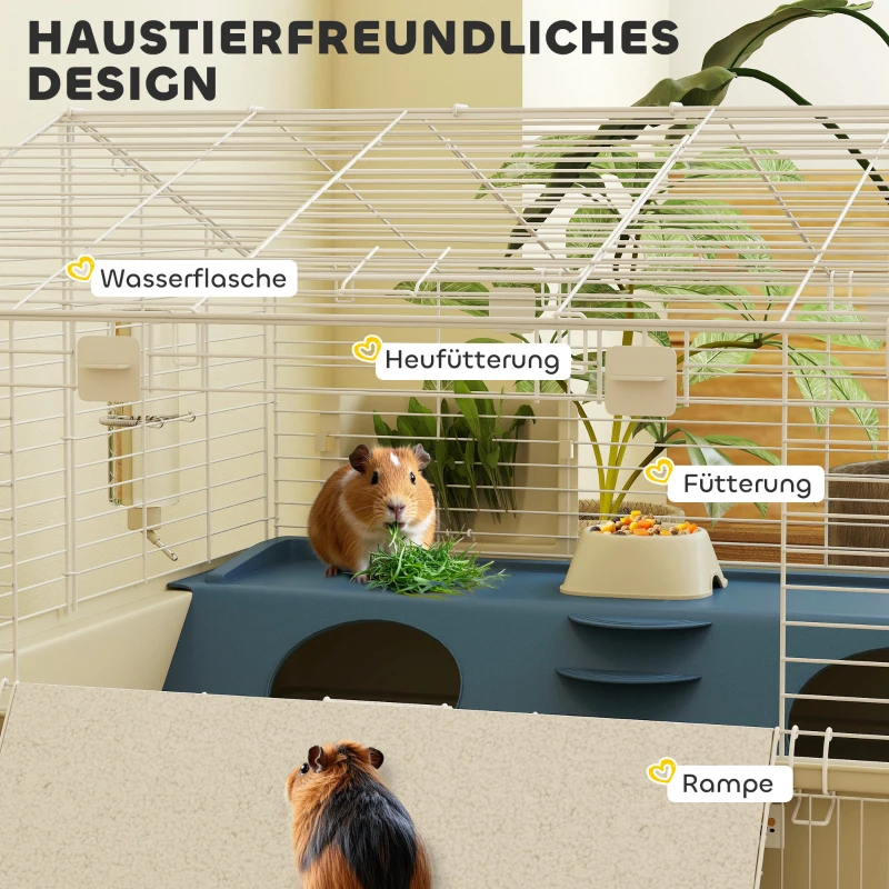 PawHut Kleine Huisdierenkooi, Balkon, Hellingbaan, Voerbak, Waterfles, Dubbellaags Ontwerp, Wit