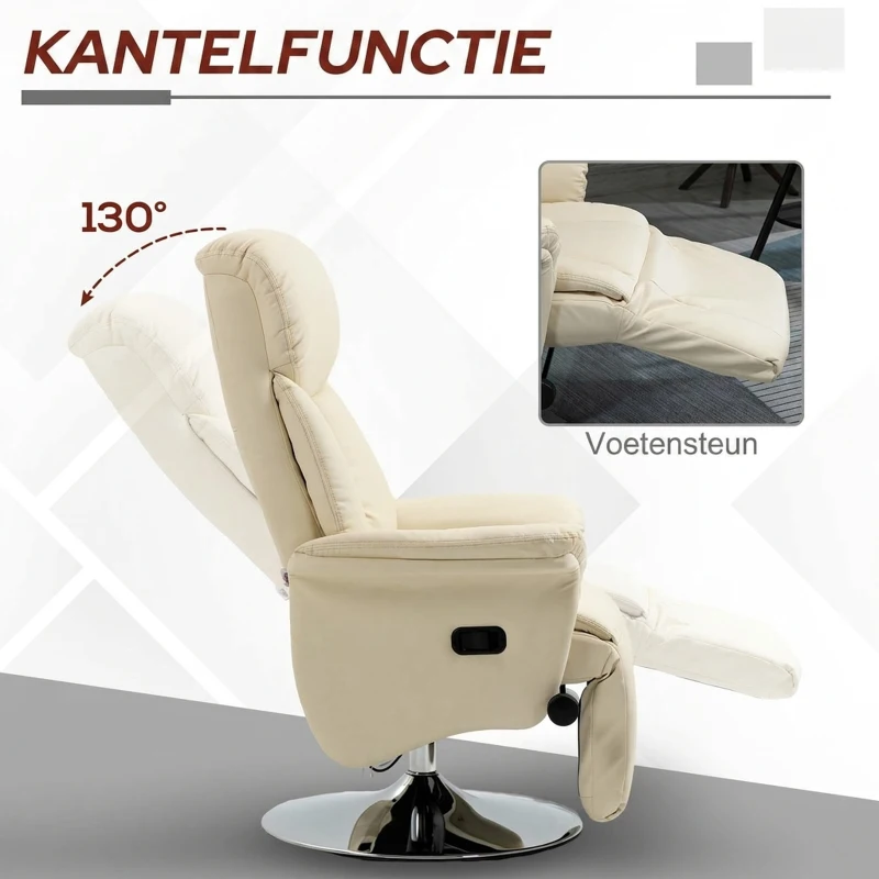 HOMCOM Relaxstoel, ligfunctie, lederlook, voetensteun, tot 150 kg, 78 x 80 x 109 cm, Creme