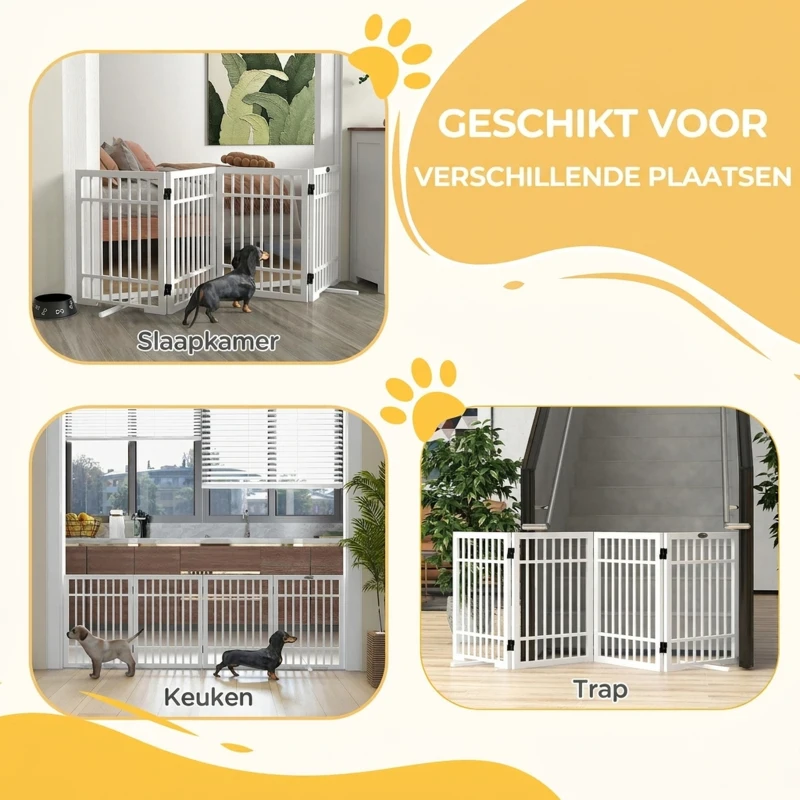 PawHut Hondenhek, opvouwbaar en antislip, draaibare steunvoeten, houten frame, 183x24,5x61 cm, Wit