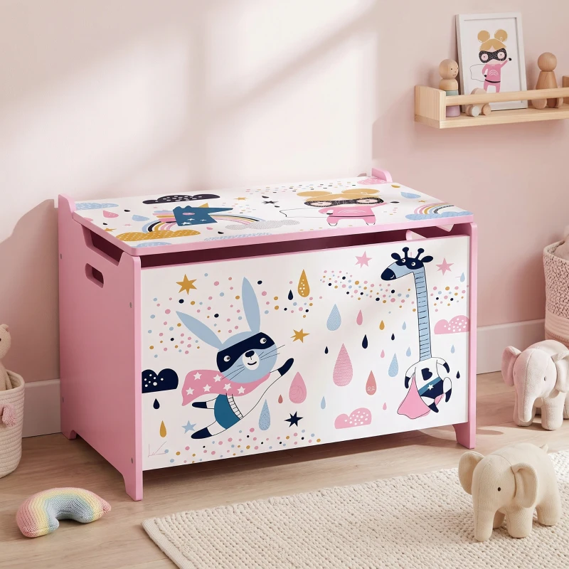 AIYAPLAY Storage Chest, Wooden Toy Chest with Lid, Flip-Top, Security Hinges and Anti-Pinch Design for Kids, Pink