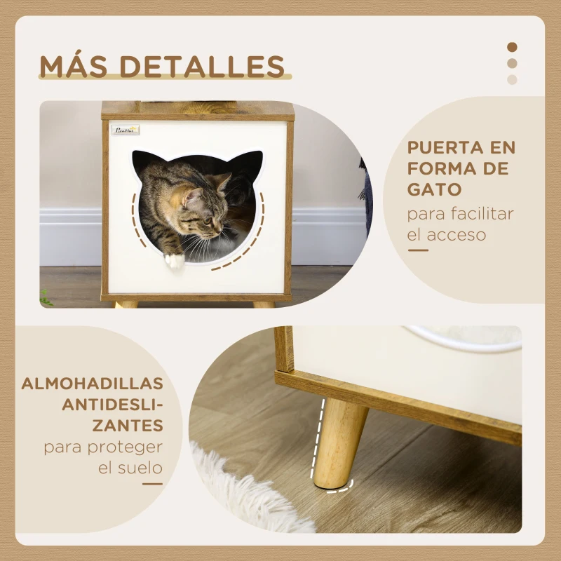 PawHut Caseta de Madera para Gatos Casa para Gatos Interior con Cojín Lavable y Patas Elevadas 34x34x44,5 cm Marrón
