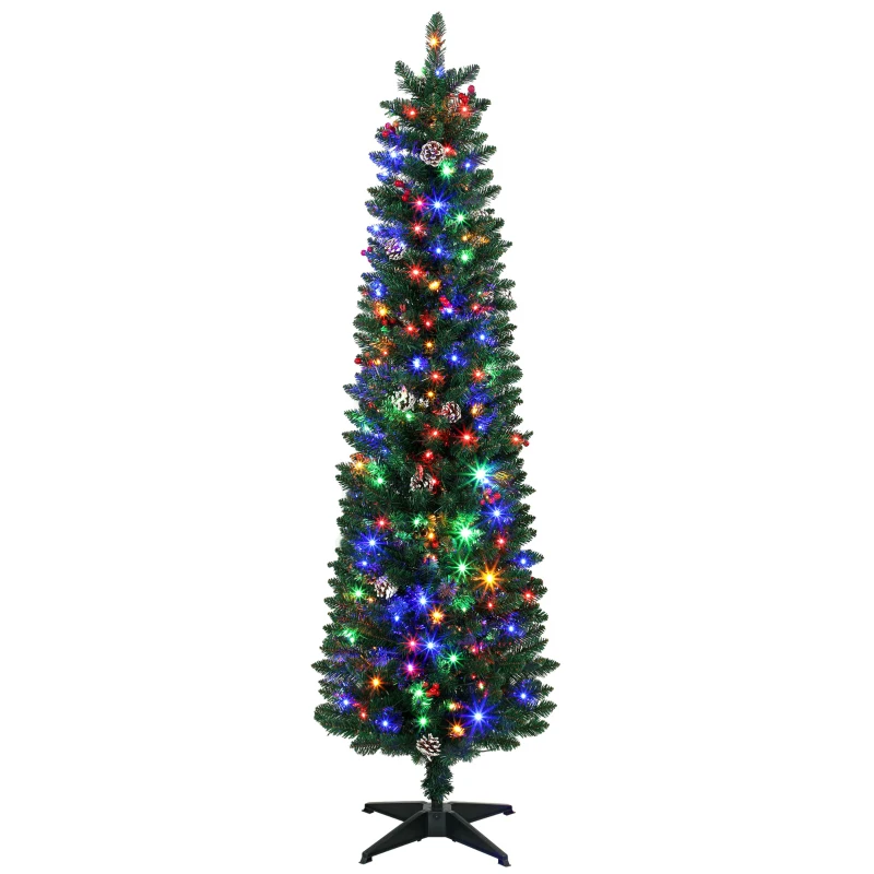 HOMCOM Sapin de Noël Artificiel Crayon 180cm, Pré-éclairé 170 LEDs, 11 Modes, 351 Branches, Télécommande, Base Amovible, Vert