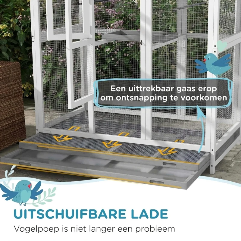 PawHut Houten vogelkooi met 4 zitstokken, asfaltdak, waterdicht, 112 x 68 x 154 cm(m-5)