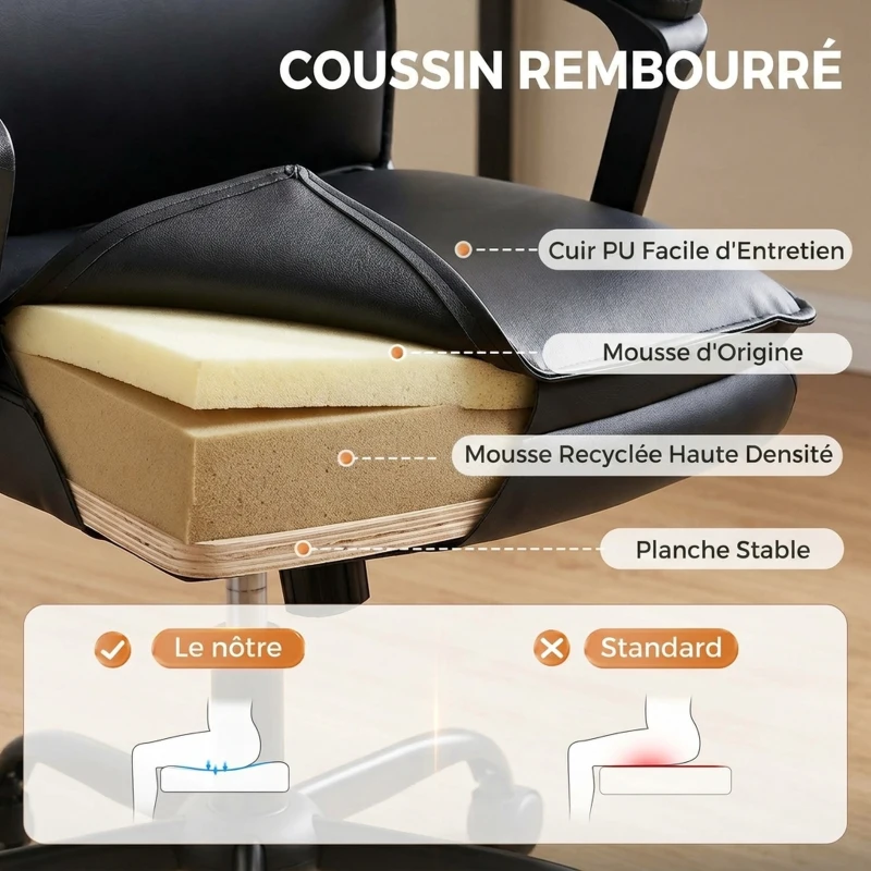 HOMCOM Chaise bureau ergonomique, fauteuil de bureau en PU, hauteur réglable, fonction bascule, pivotante 360°, noir