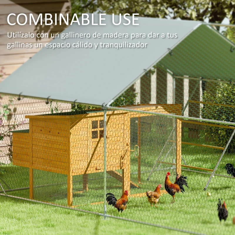 PawHut Gallinero Metálico de Exterior de 3x6m con Percha Multiusos Comedero Colgante Tipo Brocheta y Lona Protectora Resistente