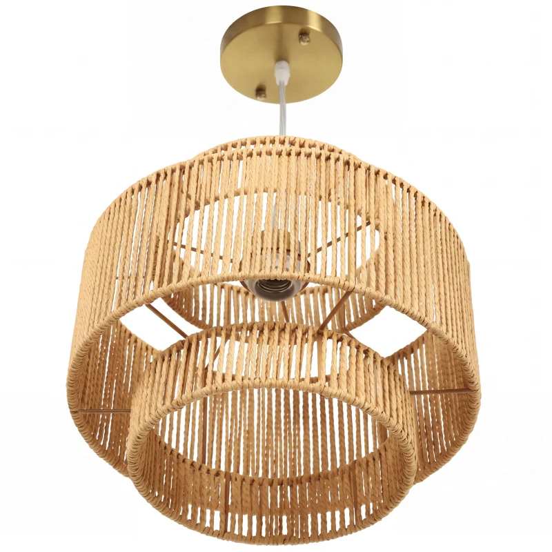 HOMCOM Hanglamp, driedelige lampenkap, metaal, henneptouw, lichtbruin