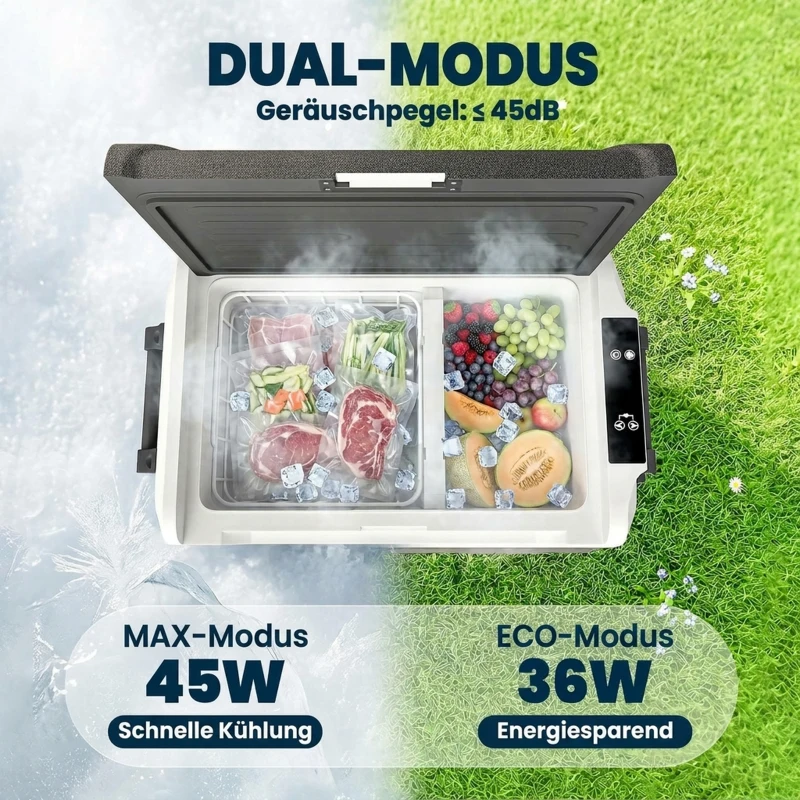 Outsunny Compressor-koelbox 50L -20℃-20℃ elektrische koelbox met dual-zone temperatuurregeling, APP, LED, batterijbeveiliging en opvouwbare handgreep