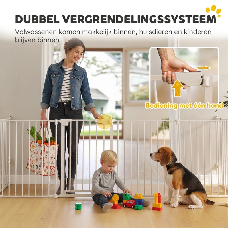 PawHut Dierenhek, 6-panel barrière met deur, opvouwbaar, voor kleine & middelgrote honden, kunststof, koolstofstaal, wit
