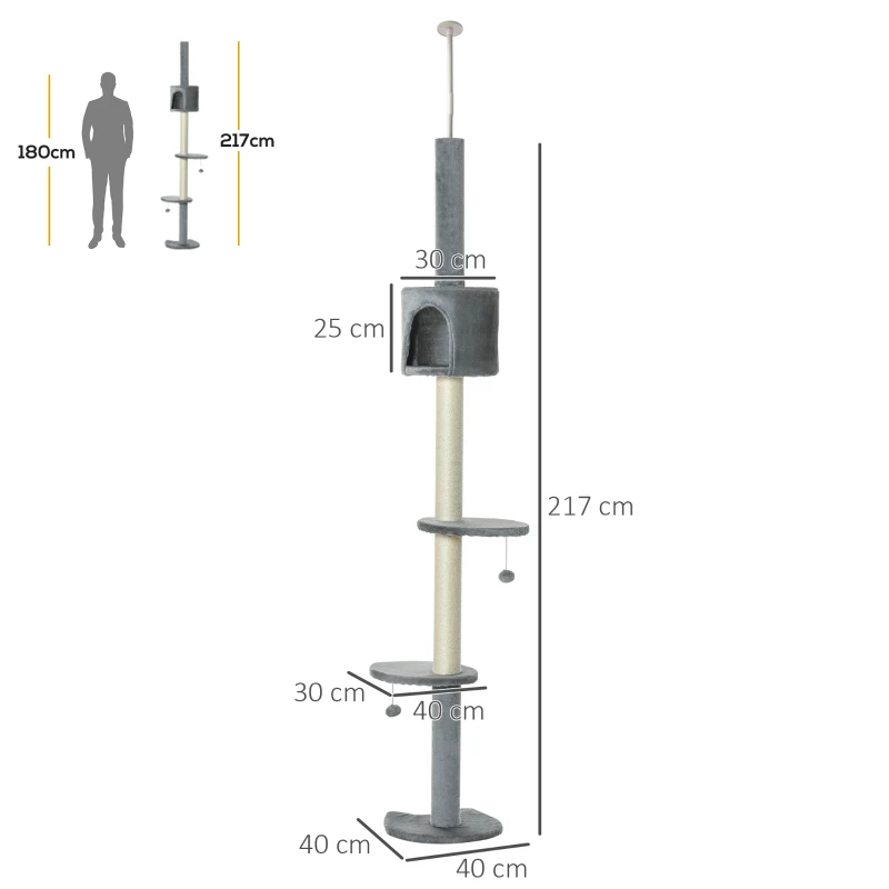 PawHut Árbol Rascador para Gatos Rascador para Fijar al Techo Altura 255 cm con Plataformas Cueva Postes de Sisal Bolas Colgantes Gris Claro