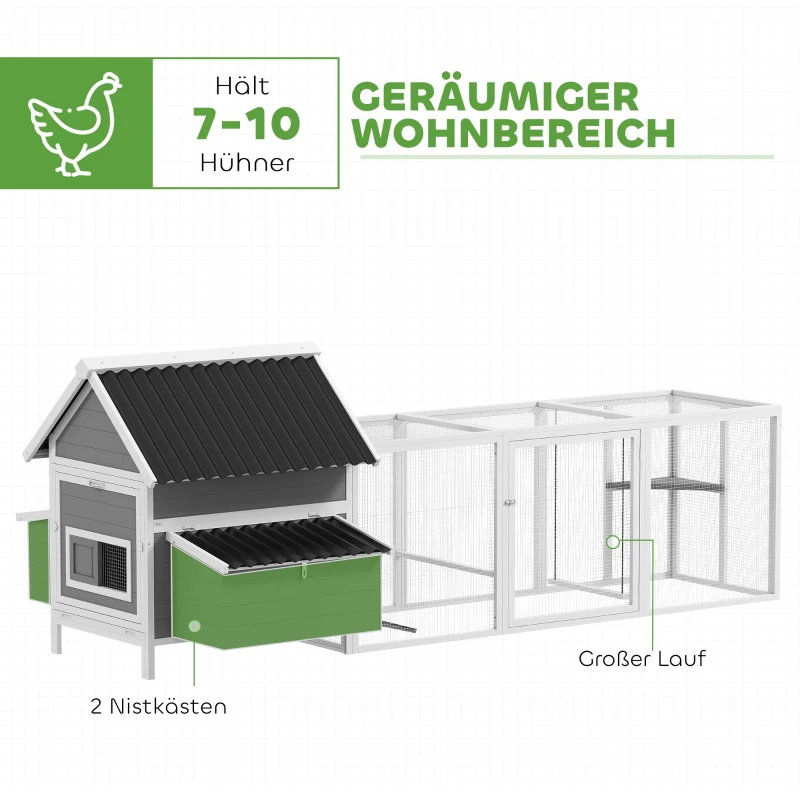 PawHut Großer Hühnerstall für 7-10 Hühner, Sitzstangen, Schaukel, Fenster, Nistkästen, Maschendraht, Grau