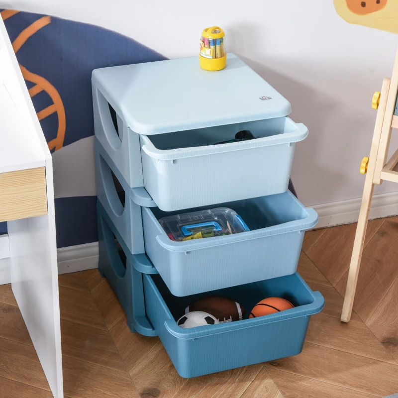 HOMCOM Organisateur de jouets pour enfants avec tiroirs à 3 niveaux, boîtes de rangement en plastique, 37 x 37 x 56,5 cm, bleu