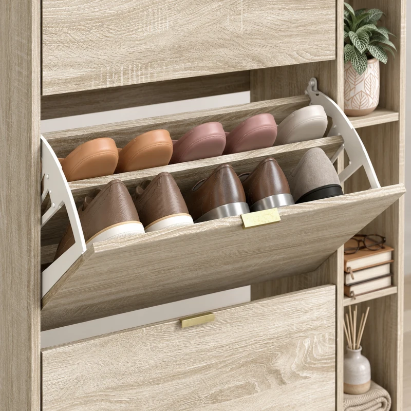 HOMCOM Schoenenkast met verstelbare verdelers, open vakken en 3 klepvakken, naturel hout