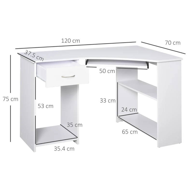 HOMCOM L-Shaped Corner Computer Desk w/ 2 Shelves Wide Worktop Keyboard Tray Drawer & CPU Stand Home Office Study Bedroom Furniture White