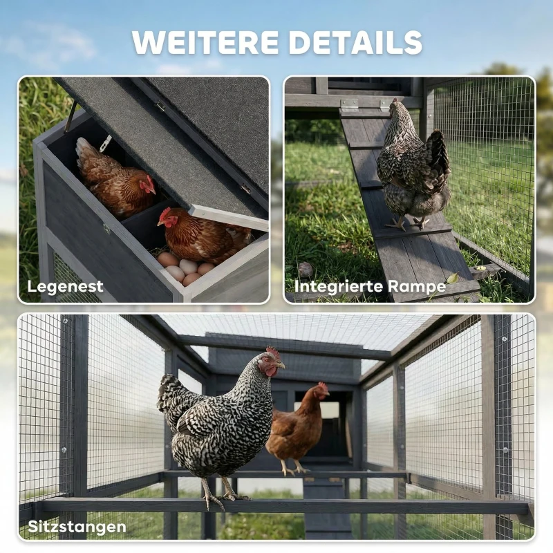 PawHut Hühnerstall Hühnerhaus für 3-4 Hühner mit Auslauf Nistkasten Asphaltdach Oxford-Abdeckung Auszugsschublade 264x82x89cm Grau
