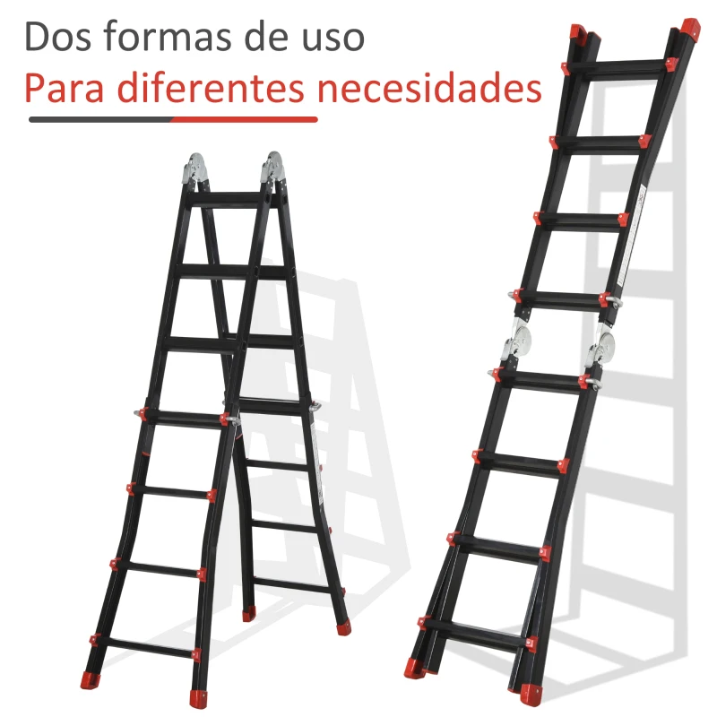 HOMCOM Escalera Telescópica de Aluminio 4 m Escalera Extensible Plegable con 8 Peldaños Ajustables y 2 Formas Carga 150 kg