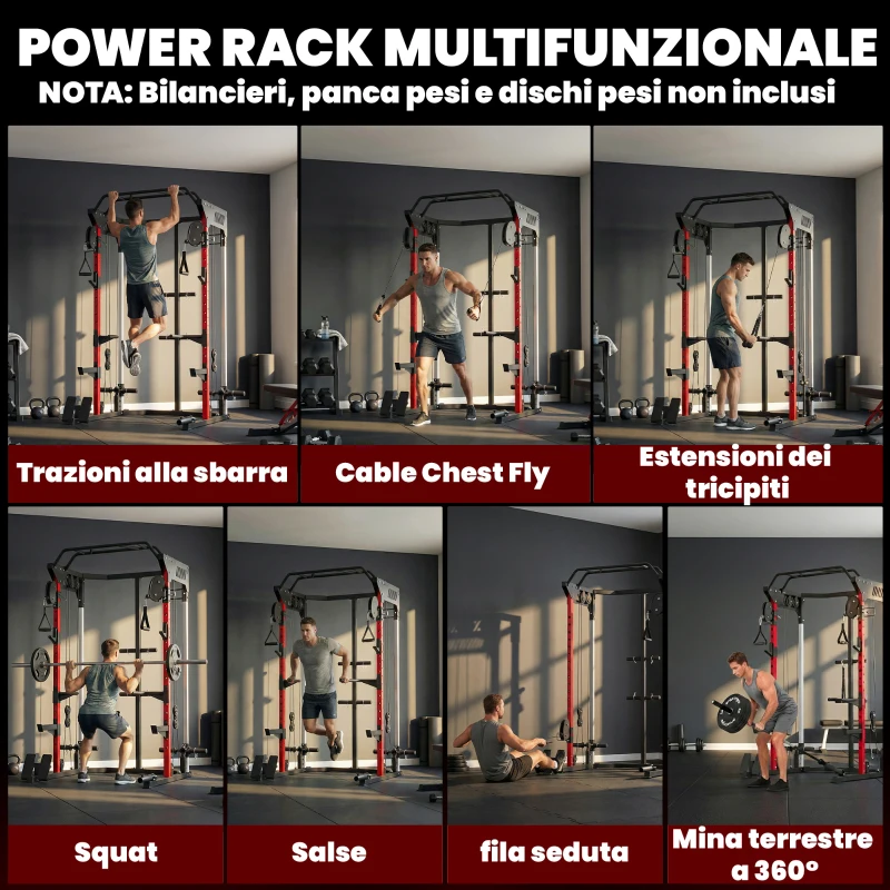 SPORTNOW Power Tower con Sistema di Cavi Pulley Regolabili, Rack Palestra Multifunzione con Barre Trazioni e Dip, Ganci J, Squat Rack, Supporto Landmine, Capacità 900 kg