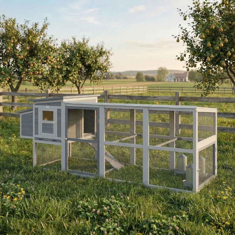 PawHut Kippenhok kippenverblijf voor 3-4 kippen met ren nestkast asfaltdak Oxford-afdekking uittrekbare lade 264x82x89cm grijs