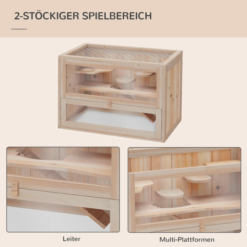 PawHut Hamsterkäfig aus Holz 2 Etagen 60 x 35 x 42 cm Nagerkäfig Kleintierkäfig mit aufklappbarem Gitterdach Trinkflasche Rampe Wippe Fütterungsstation Mäusekäfig für Zwerghamster Naturholz