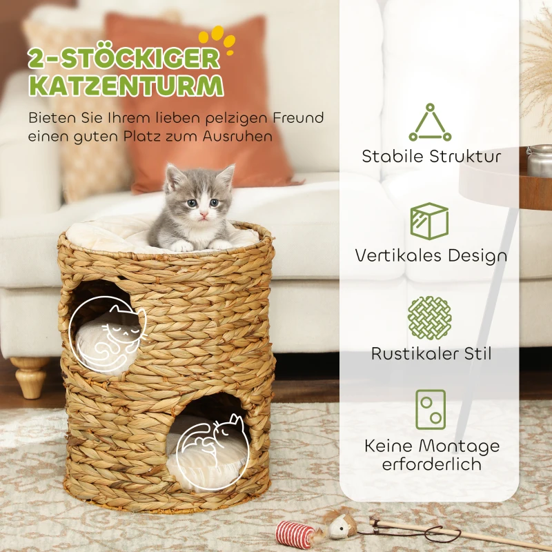 PawHut Krabton, 50 cm, 2 Grotten, Kussen, Krabpaal met Kattenbed, Kattentoren van Waterhyacint, Lichtbruin