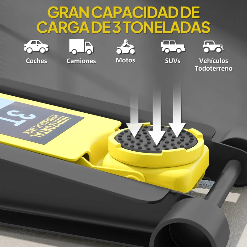 HOMCOM Gato Hidráulico para Coche 3T Altura de Elevación 75-505 mm con Bomba de Doble Pistón Ruedas Mango de Aluminio Amarillo