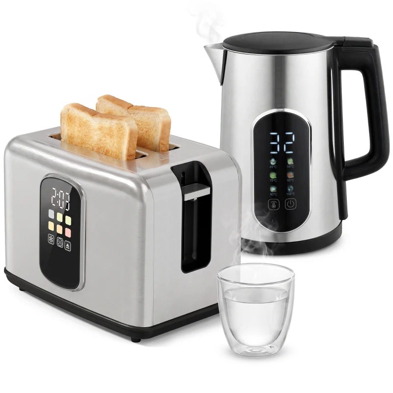 HOMCOM Waterkoker van 1,5 l, 2200 W, met led-touchscreen, 2-sleuven broodrooster met 6 bruiningsstanden, zilver