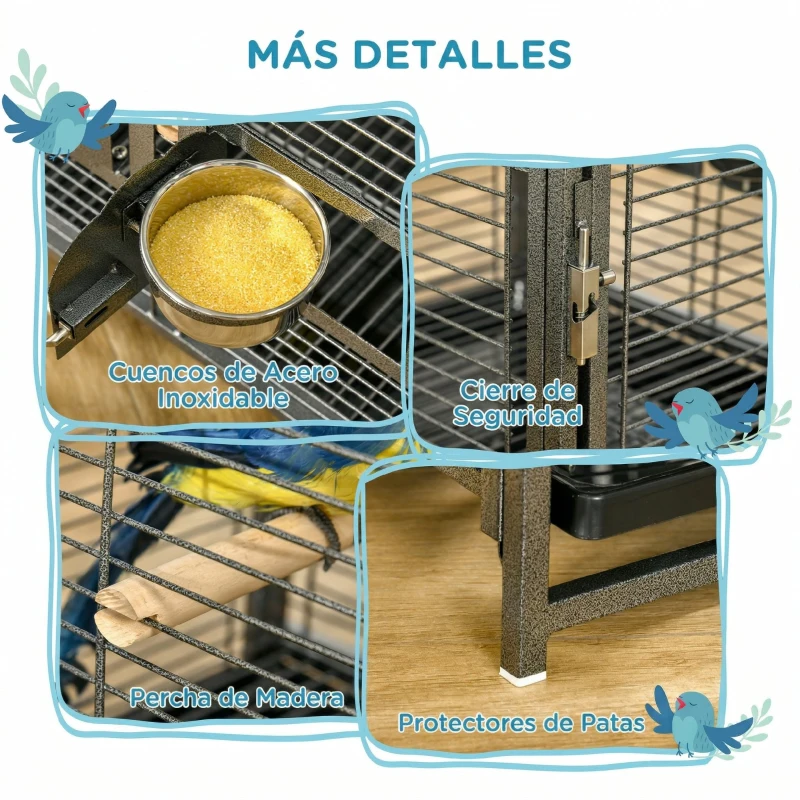 PawHut Jaula para Pájaros Portátil con 2 Perchas de Madera 2 Comederos y Bandeja Extraíble 48x38x47,8 cm Negro