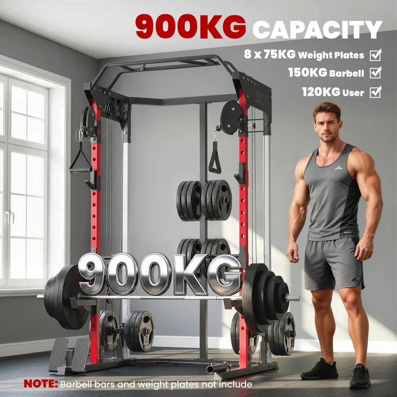 SPORTNOW Power Cage, Power Rack with Adjustable Cable Pulley System, Pull-Up Bar, Dip Station, Landmine
