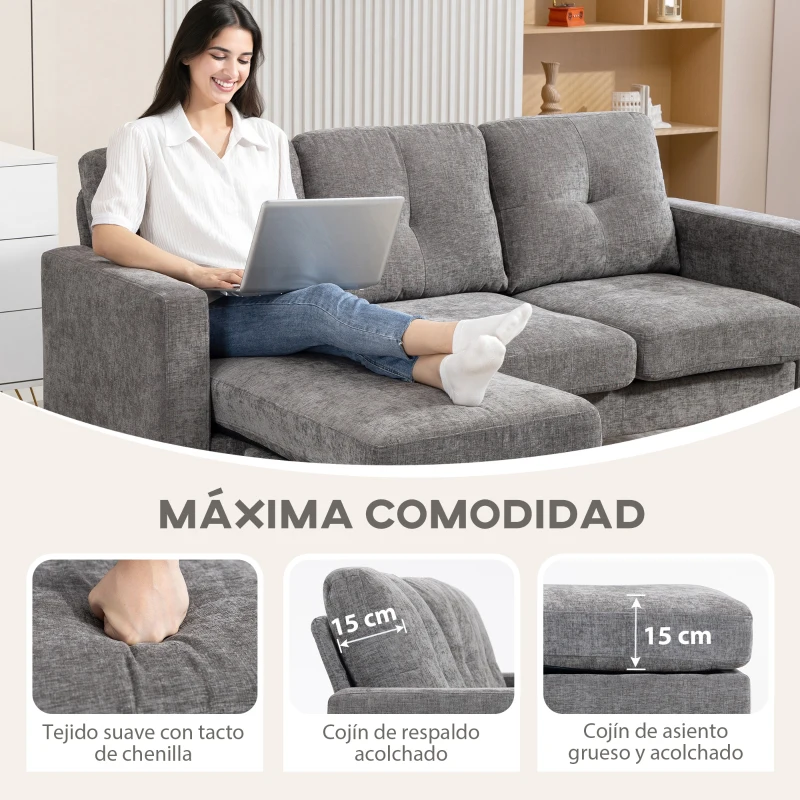 HOMCOM Sofá Chaise Longue Reversible con Estructura de Acero Tapizado en Chenilla 186x130x84cm Gris Oscuro
