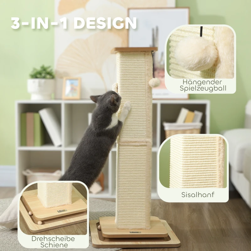 PawHut 3-in-1 Krabpaal met Speelrail, Speelbal, Sisal, tot 10 kg, 39,5 x 39,5 x 87 cm, Eiken/Crème