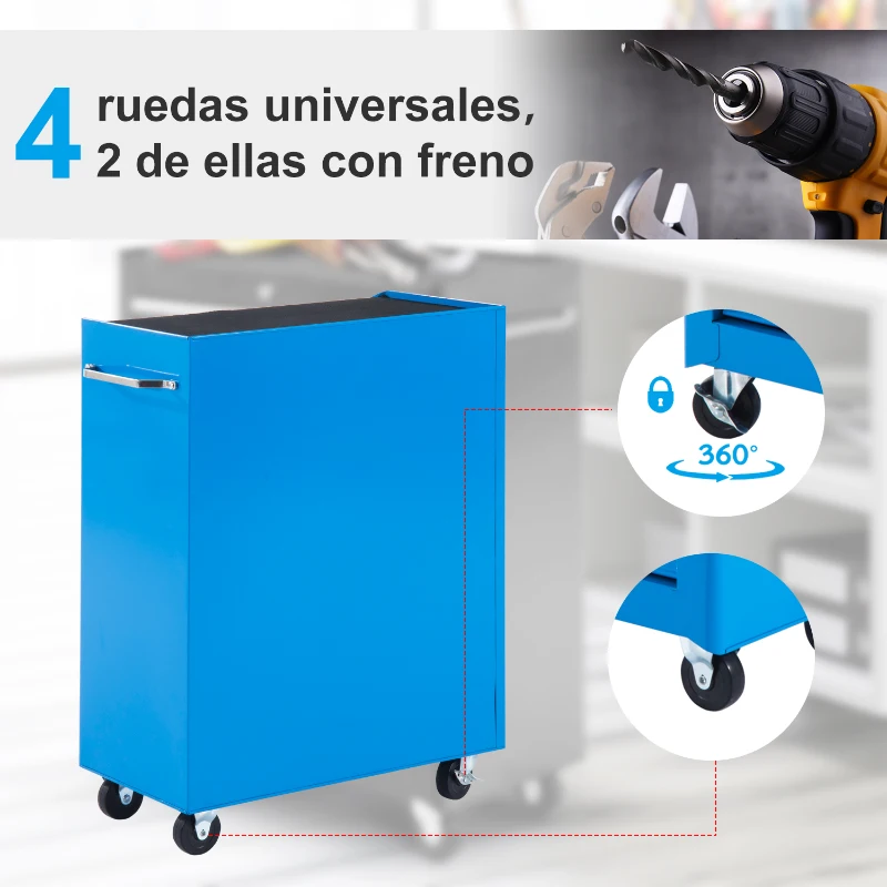 HOMCOM Carro de Herramientas para Taller con Ruedas 5 Cajones Armario con Cierre y Asa Lateral 61,5x33x82,5 cm Azul