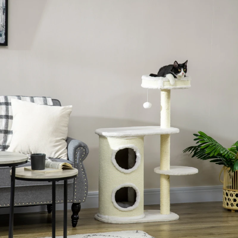 PawHut Krabpaal met Krabton, 1 Kattenbed en Kattenspeelgoed, 59 cm x 35 cm x 100 cm, Crème wit