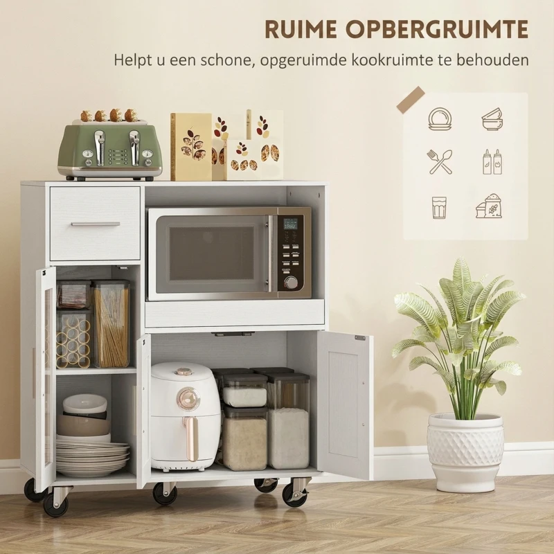 HOMCOM Keukenkast op wielen, mobiele keukencommode met planken, lades, verstelbare plank, kabelopening, wit(m-4)