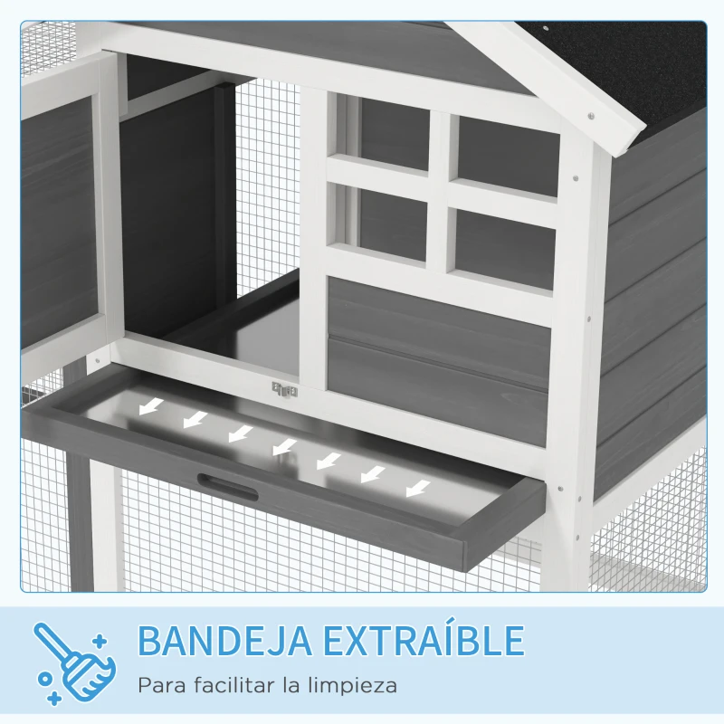 PawHut Jaula para Conejos con Zona Abierta Techo Asfáltico Bandeja Extraíble y Rampa para Exterior 123,5x62,6x92,5 cm Gris