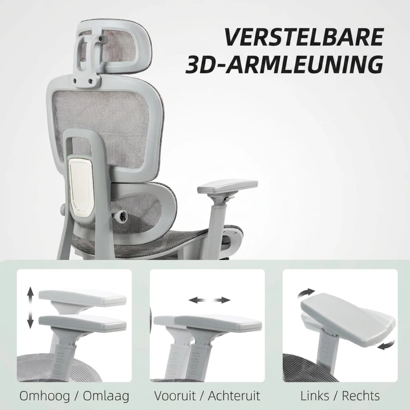 HOMCOM Bureaustoel, ergonomische bureaustoel met mesh-bekleding, verstelbaar, verrijdbaar, met armleuningen, hoofdsteun, grijs(m-7)