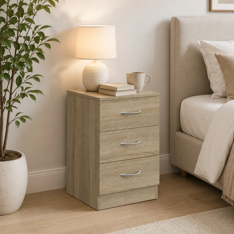 HOMCOM Three-Drawer Simple Bedside Table - Oak